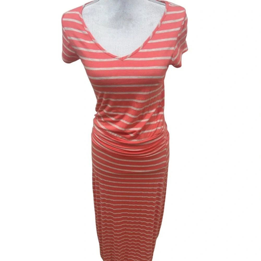 Sady & Lu Coral Striped v neck short sleeve maxi tee Dress ruched waist medium